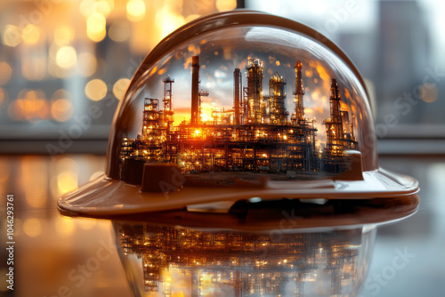 Heavy industry concept image with a hard hat letting see a heavy industry plant with a oil refinery photo