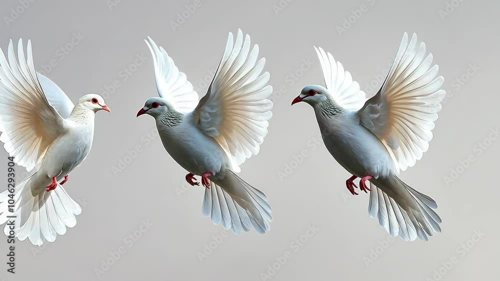 Three white doves fly in formation against a plain background