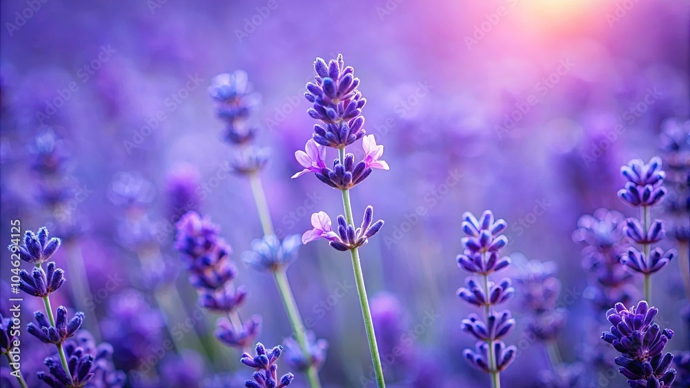 Fototapeta premium A Field of Lavender Blossoms Under a Softly Glowing Sky, Each Flower a Miniature Symphony of Purple Hues and Delicate Petals, Creating a Tranquil and Serene Atmosphere