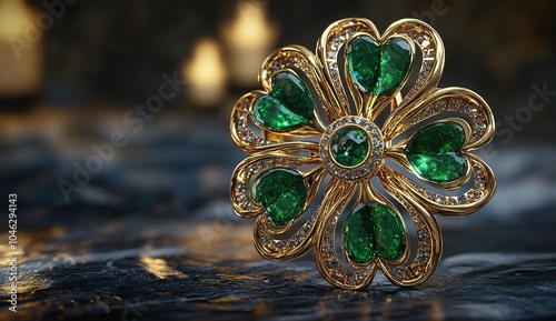 emerald and gold clover brooch, cinematic lighting