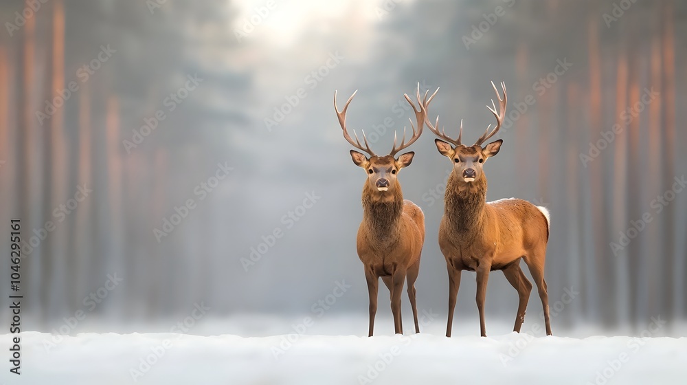 Majestic Deer Couple in Snowy Winter Forest Landscape Majestic Deer Couple in Snowy Winter Forest Landscape