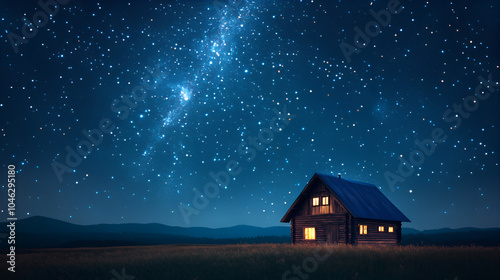 Cabin on the field under the starry night, meteor shower. fantasy scenary. 