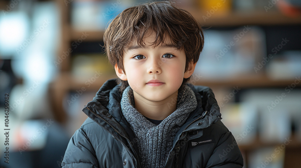 A close-up of a young boy in a cozy jacket. His soft, innocent expression contrasts with the sharp focus of the background A close-up of a young boy in a cozy jacket. His soft, innocent expression contrasts with the sharp focus of the background