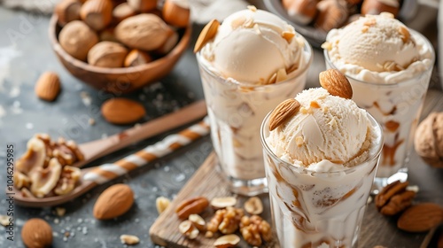 Almond milkshake served in a glass with ice cream and nuts