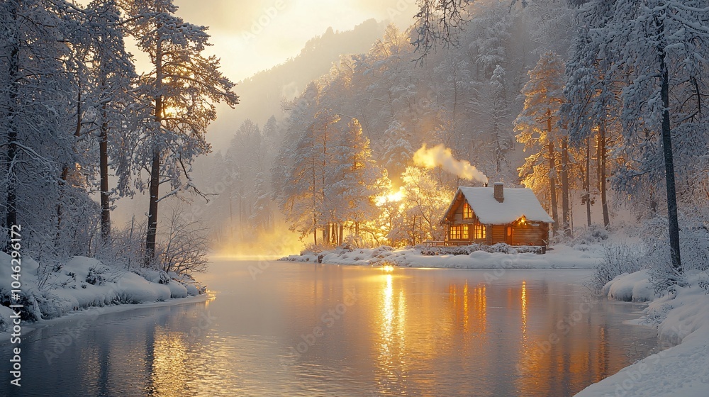 Fototapeta premium Cozy Cabin by a Snowy River at Golden Hour