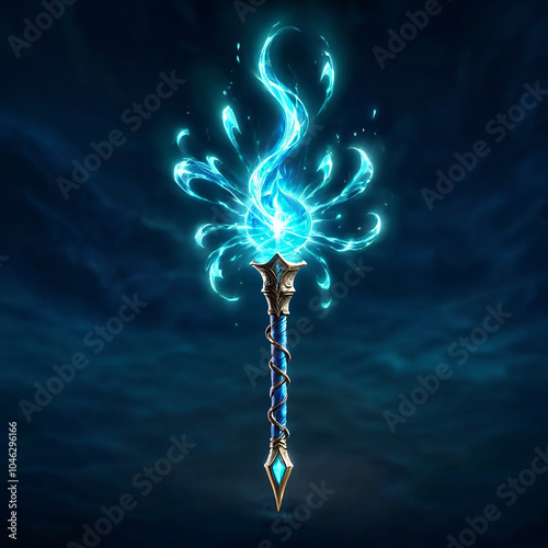 A detailed illustration of a magical staff with a blue flame emanating from the top. The staff is adorned with golden accents and a large blue crystal at the tip. photo