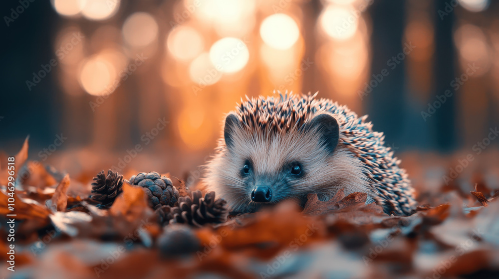 Obraz premium hedgehog resting among autumn leaves and pine cones, surrounded by warm, blurred background of trees. scene evokes sense of tranquility and connection with nature