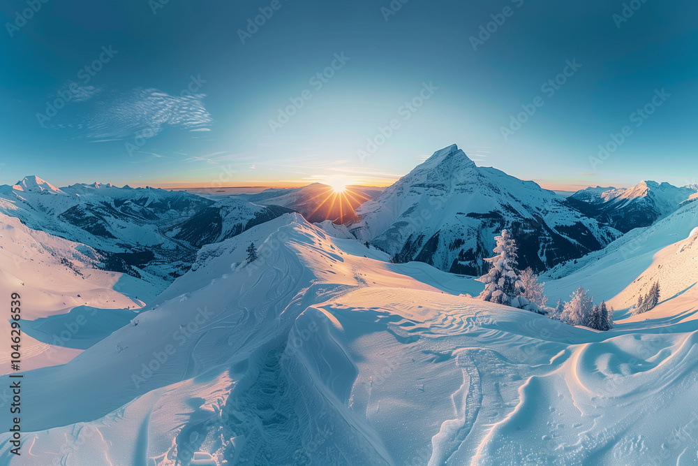Naklejka premium A breathtaking panoramic view of a snowy mountain landscape at sunrise, with gentle slopes and a glowing sky