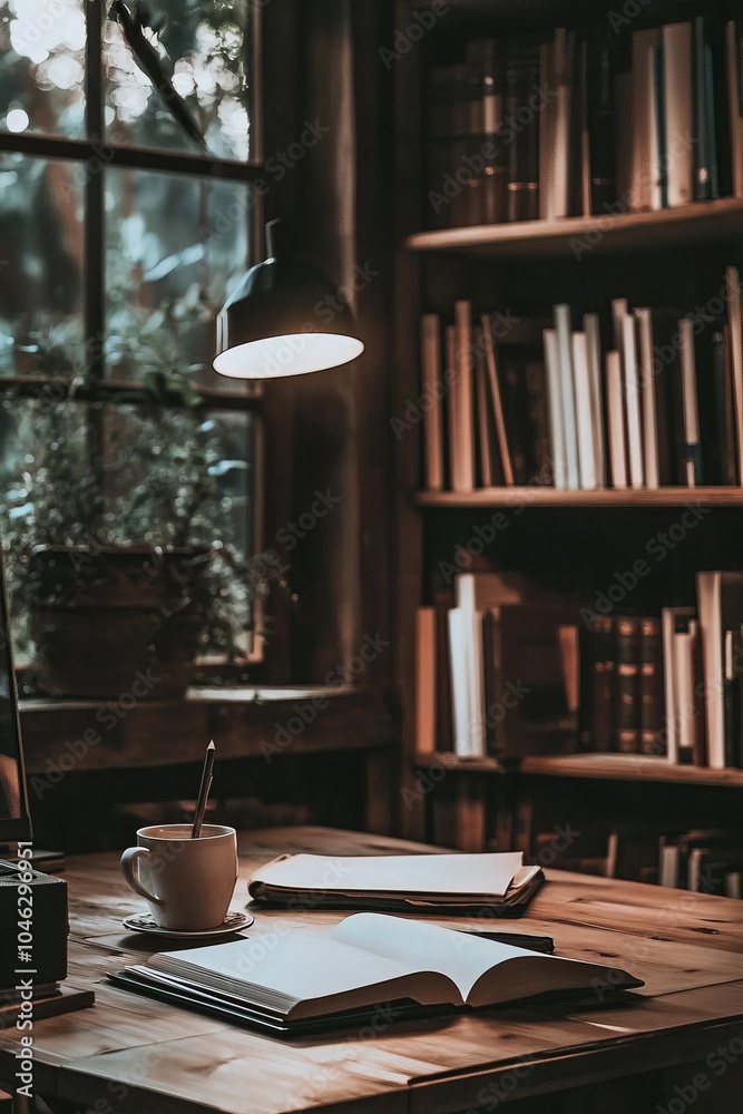 Fototapeta premium A calm library workspace with soft music playing in the background. Individuals are working on creative projects or reading quietly