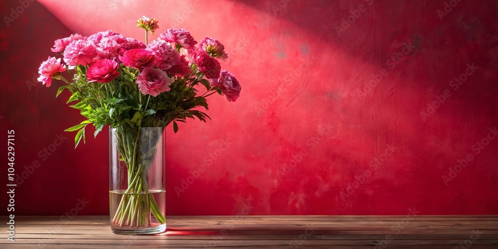 custom made wallpaper toronto digitalA vibrant bouquet of pink flowers in a glass vase, illuminated by a single ray of light, rests on a wooden surface against a textured red backdrop.