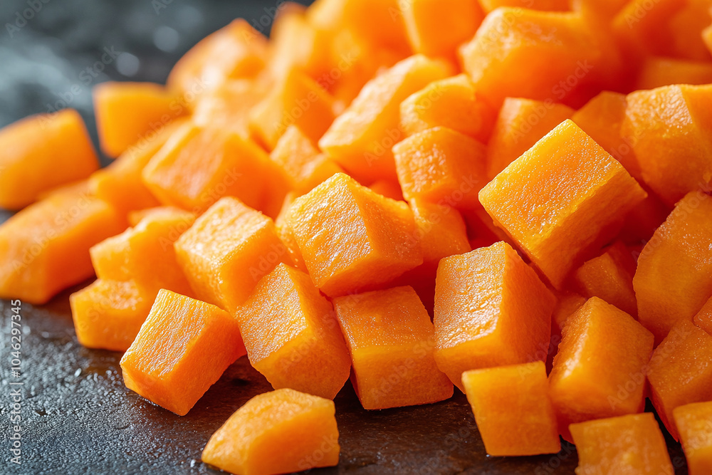 Close-up of a freshly chopped carrot, focusing on the vibrant orange color and rough texture.