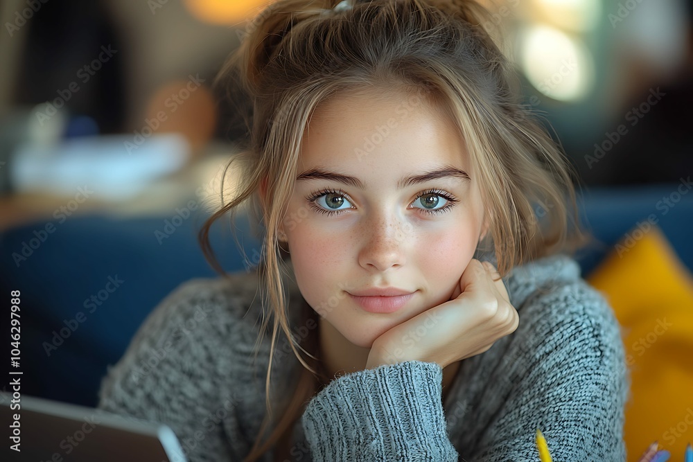 Thoughtful young woman in gray sweater, resting head on hand. Thoughtful young woman in gray sweater, resting head on hand.