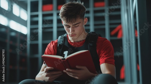 Student in locker room reading a book