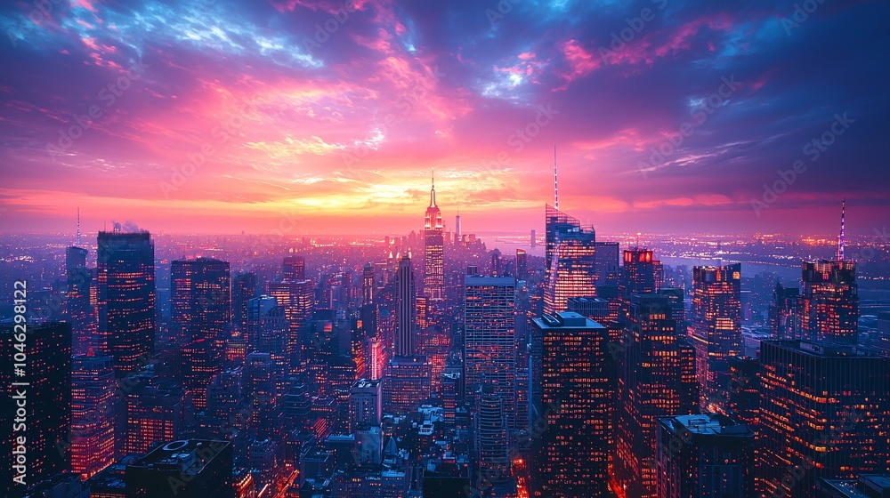 Fototapeta premium Stunning Skyline Panorama at Sunset with Pink and Blue Sky
