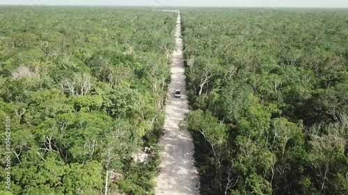 Aerial view of car driving on a dirt road in the middle of thr green junglre next to Tulum,Yucatan Penisula, Mexican Caribbeanroject
