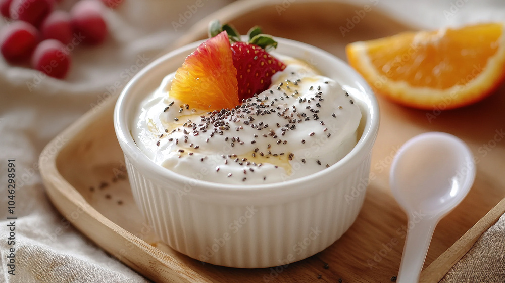 Greek yogurt with basil seeds and strawberry fruit