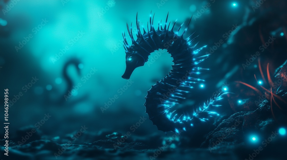 A glowing seahorse with bioluminescent algae in a dark, mysterious underwater scene. A glowing seahorse with bioluminescent algae in a dark, mysterious underwater scene.