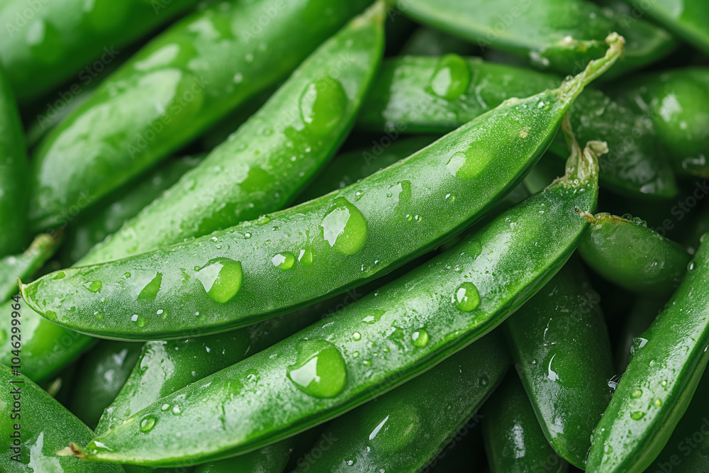 Close-up of freshly picked snap peas with their shiny green pods. Close-up of freshly picked snap peas with their shiny green pods.