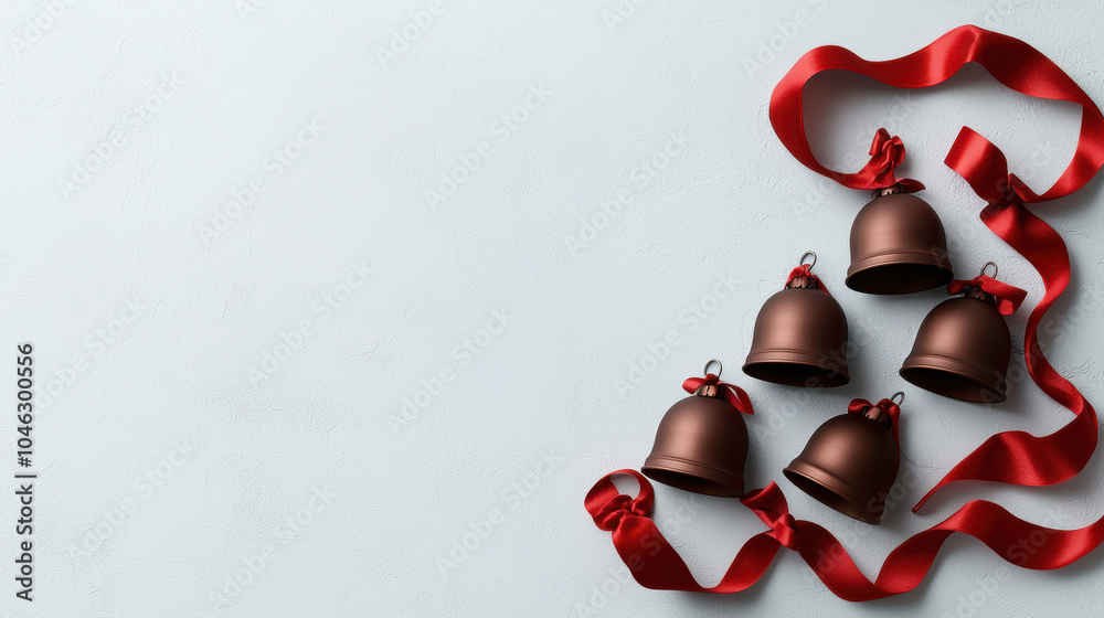 Sleigh bells lined up neatly with red ribbons create festive atmosphere, perfect for holiday celebrations and decorations