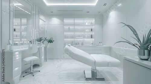 A modern beauty clinic with a bright, empty cosmetology cabinet. The interior of the aesthetic medicine salon's beautician's room. The specialist dermatologist's office.