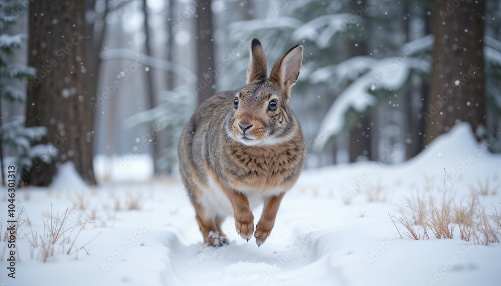 Curious Brown Rabbit Exploring Snowy Winter Forest at Dawn Curious Brown Rabbit Exploring Snowy Winter Forest at Dawn