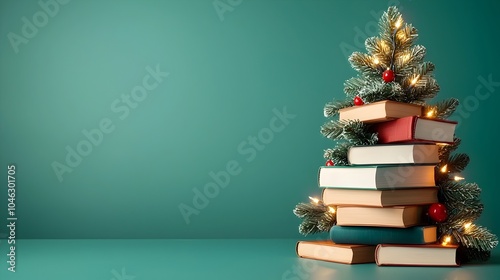 A unique and creative Christmas tree display made entirely from stacked books wrapped in warm string lights to create a cozy literary inspired holiday with copy space for text on the side photo