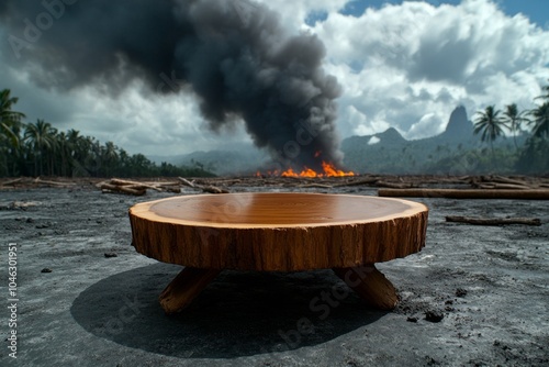 A deforested area with tree stumps and fallen logs, smoke rising from nearby slash-and-burn farming, and the ground covered in ash, symbolizing the destructive impact of deforestation on ecosystems, photo