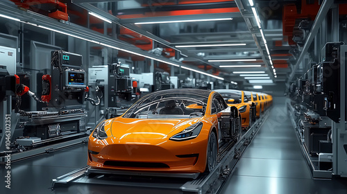 Orange electric cars in a modern automotive manufacturing facility.
