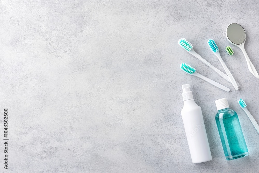 Flat Lay of Dental Hygiene Tools on Textured Background with Copy Space Flat Lay of Dental Hygiene Tools on Textured Background with Copy Space