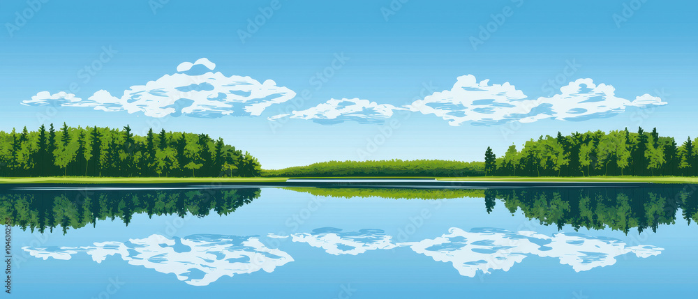 A serene lake scene reflects lush greenery and fluffy clouds under a bright blue sky, creating a tranquil natural landscape. A serene lake scene reflects lush greenery and fluffy clouds under a bright blue sky, creating a tranquil natural landscape.