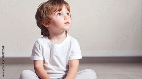A three-year-old child in a white T-shirt, happily playing on the floor, focused and engaged. Child is seated, surrounded by toys, in a warm and cozy environment, representing early childhood explorat