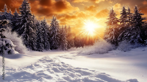 golden winter sunset casting warm glow over snow covered landscape, with tall evergreen trees and serene atmosphere. scene evokes sense of tranquility and beauty