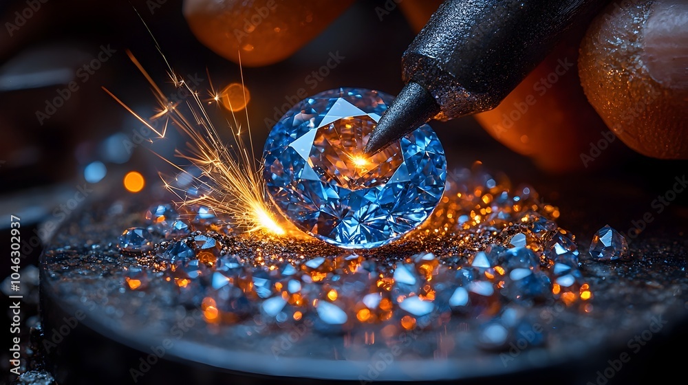 Close up of a skilled jeweler carefully refining and shaping a gemstone on a cutting wheel with sparks flying as they precisely facet and polish the precious stone to create a stunning Close up of a skilled jeweler carefully refining and shaping a gemstone on a cutting wheel with sparks flying as they precisely facet and polish the precious stone to create a stunning
