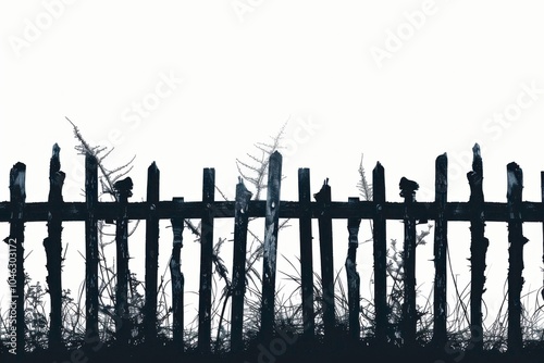 Mysterious silhouette of a spooky broken fence on a foggy evening