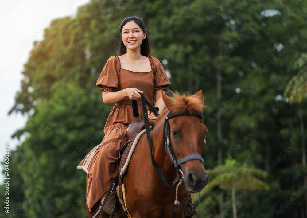 happy woman riding horse on meadow field happy woman riding horse on meadow field