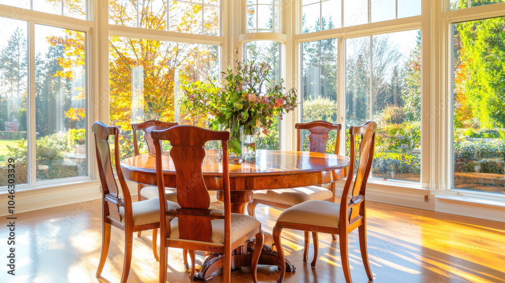 Bright and airy dining room with a wooden table, elegant chairs, and a floral centerpiece surrounded by large windows Bright and airy dining room with a wooden table, elegant chairs, and a floral centerpiece surrounded by large windows