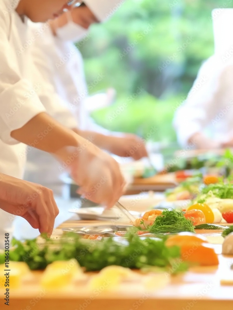 Diverse Group of Chefs Collaborating in Modern Kitchen for Healthy International Cuisine Diverse Group of Chefs Collaborating in Modern Kitchen for Healthy International Cuisine