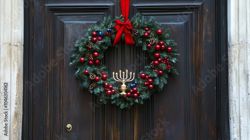 Menorah and Christmas wreath hanging on a door, welcoming holiday atmosphere photo