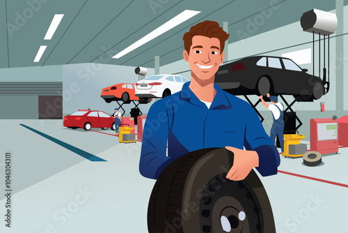 Car Mechanic Working in a Garage Vector Illustration