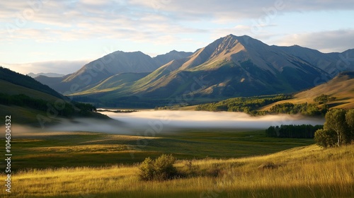 Serene Valley Landscape in Morning Fog photo