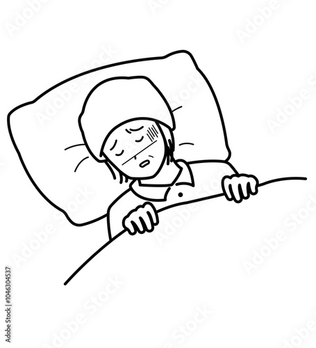 抗がん剤の治療で体調が悪い女性のイラスト　線画のみ