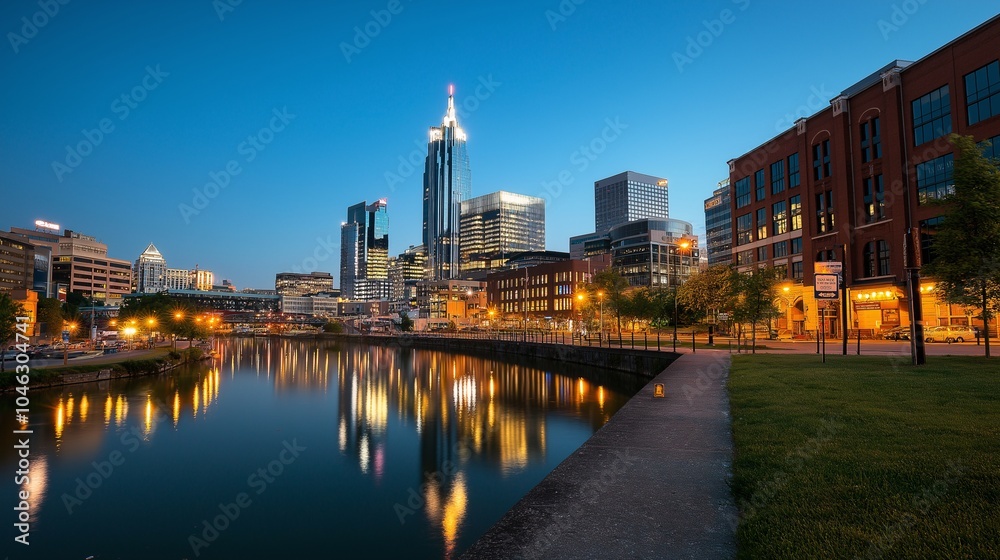 Fototapeta premium Nighttime City Skyline Over Calm River Reflection