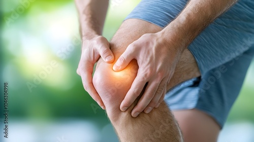 Close up portrait of a man tightly gripping his knee in pain due to a sudden intense muscle cramp  The man s face is contorted in anguish as he experiences this debilitating cramping injury