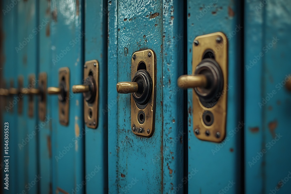 Blue cabinets with gold knobs and decorative plates. Blue cabinets with gold knobs and decorative plates.