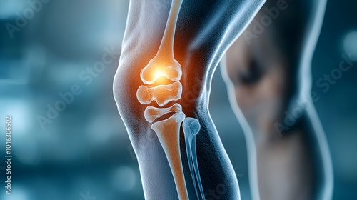 Detailed 3D X Ray Image Highlighting the Effects of Arthritis on a Knee Joint Revealing the Pain and Inflammation Radiating from the Affected Area photo