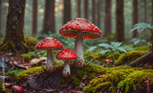 Three red mushrooms are on a mossy forest floor