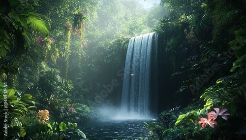 A beautiful waterfall in the middle of a dense jungle, with lush greenery and exotic flowers around it