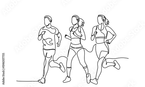 Continuous line drawing of three young adult men and women running jogging. Line art Mature friends running together outdoors. A Group of young people exercising on the sidewalk vector illustration.
