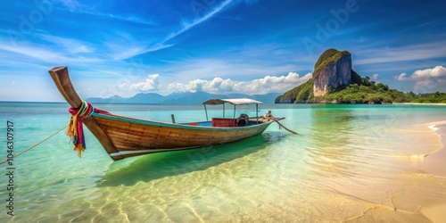 Longtail boat parked on sandy beach in Thailand , Thailand, longtail boat, beach, sand, tropical, travel