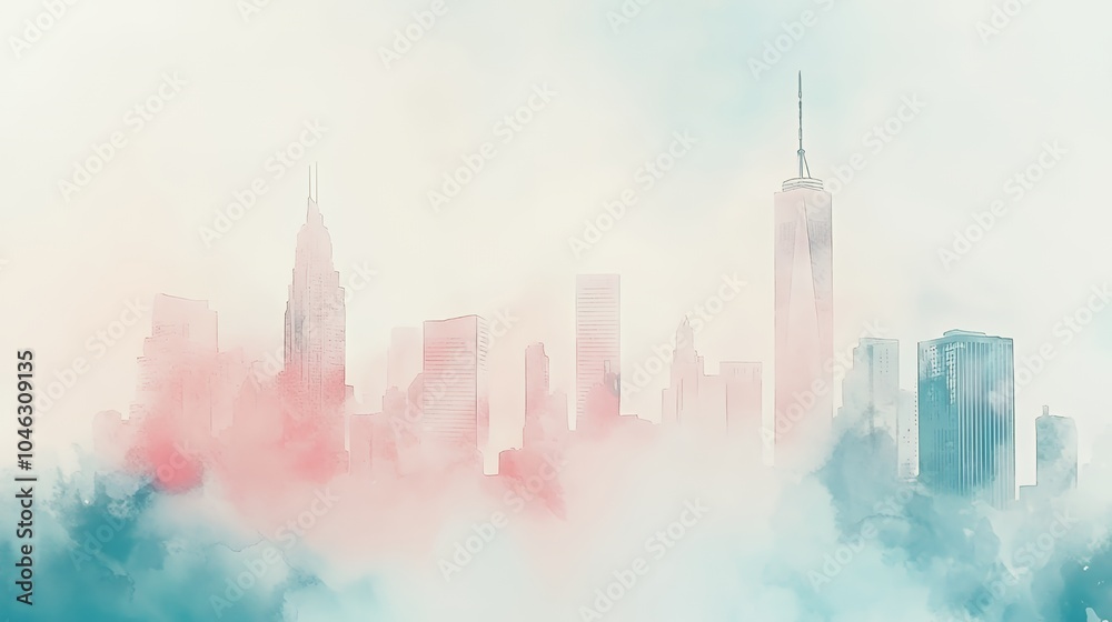 Fototapeta premium Modern city skyline featuring skyscrapers emerges from colorful watercolor clouds against a light background.